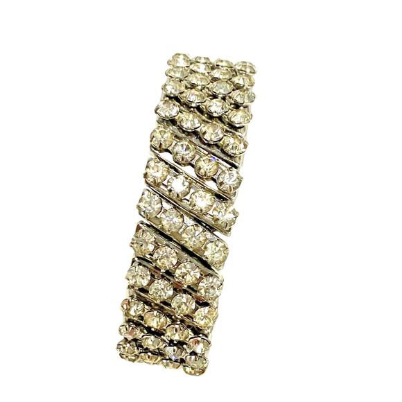 Vintage Mid Century Accordion Stretch Bracelet Silver Tone & White Rhinestones - Picture 4 of 6